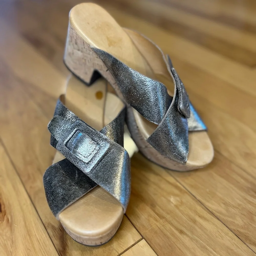 Chocolat Blu Y2K Metallic Pewter Cork Wedge Sandals Chunky Buckle Platform Slide